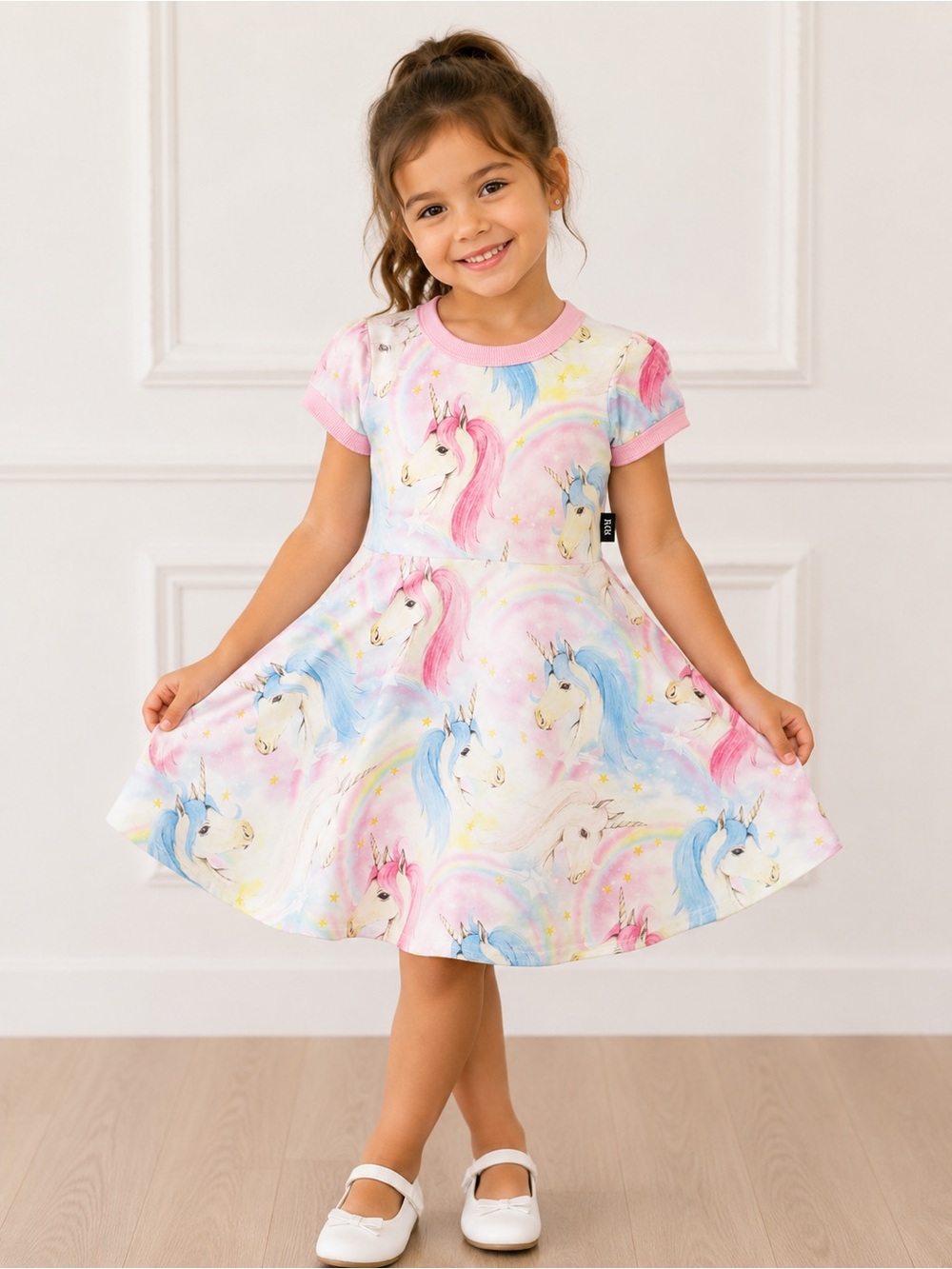 Rock your Kid Unicorn Print Twirl Dress with Pink Trim